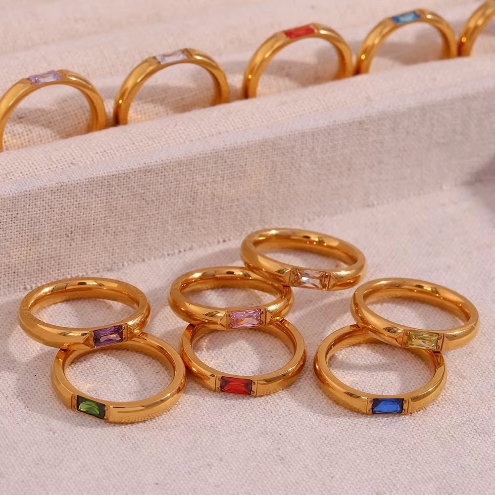 18K Gold Plated Shiny 12 Colors Birthstone Ring Stainless Steel Gold Plated Zircon Rings Zodiac Constellationfor Women