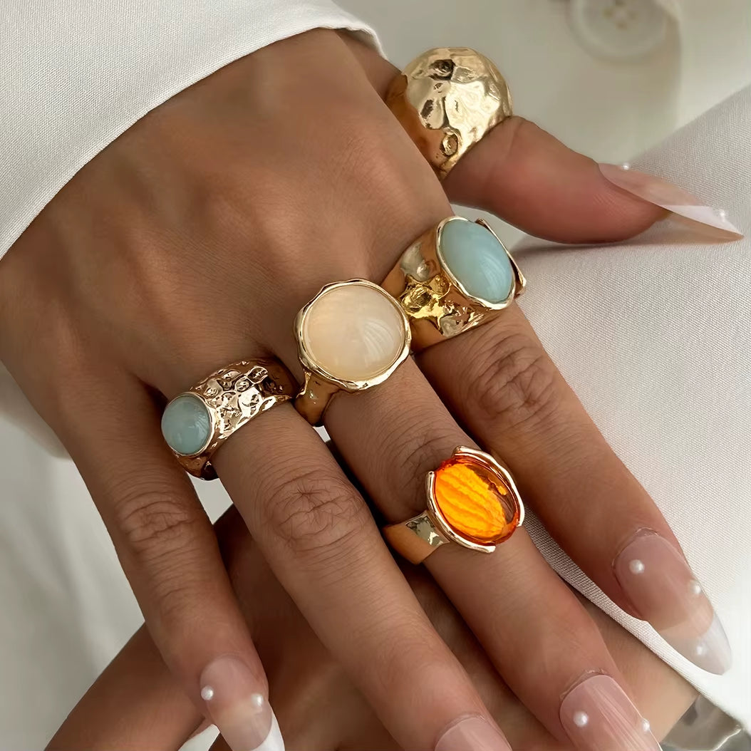 5Pcs/Set Retro Gold Color Irregular Metal Ring for Women Bohemian Open Adjustable Wide Ring Aesthetic Y2K Jewelry Gift