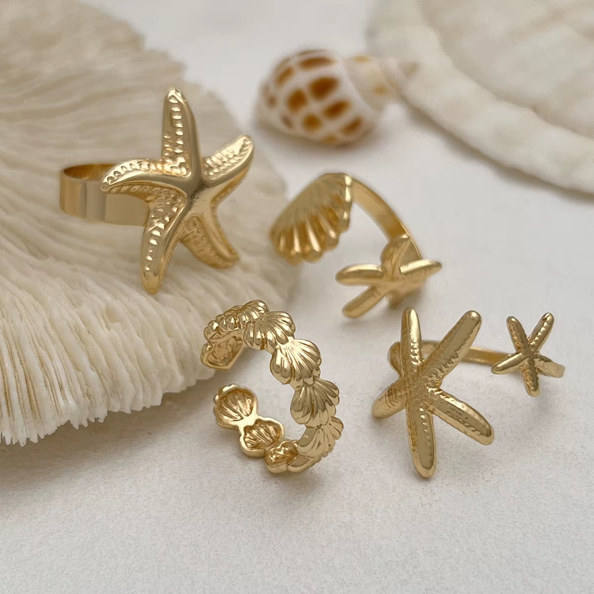 4Pcs/Set Boho Gold Color Metal Starfish Open Rings for Women Summer Vintage Adjustable Finger Rings Aesthetic Jewelry