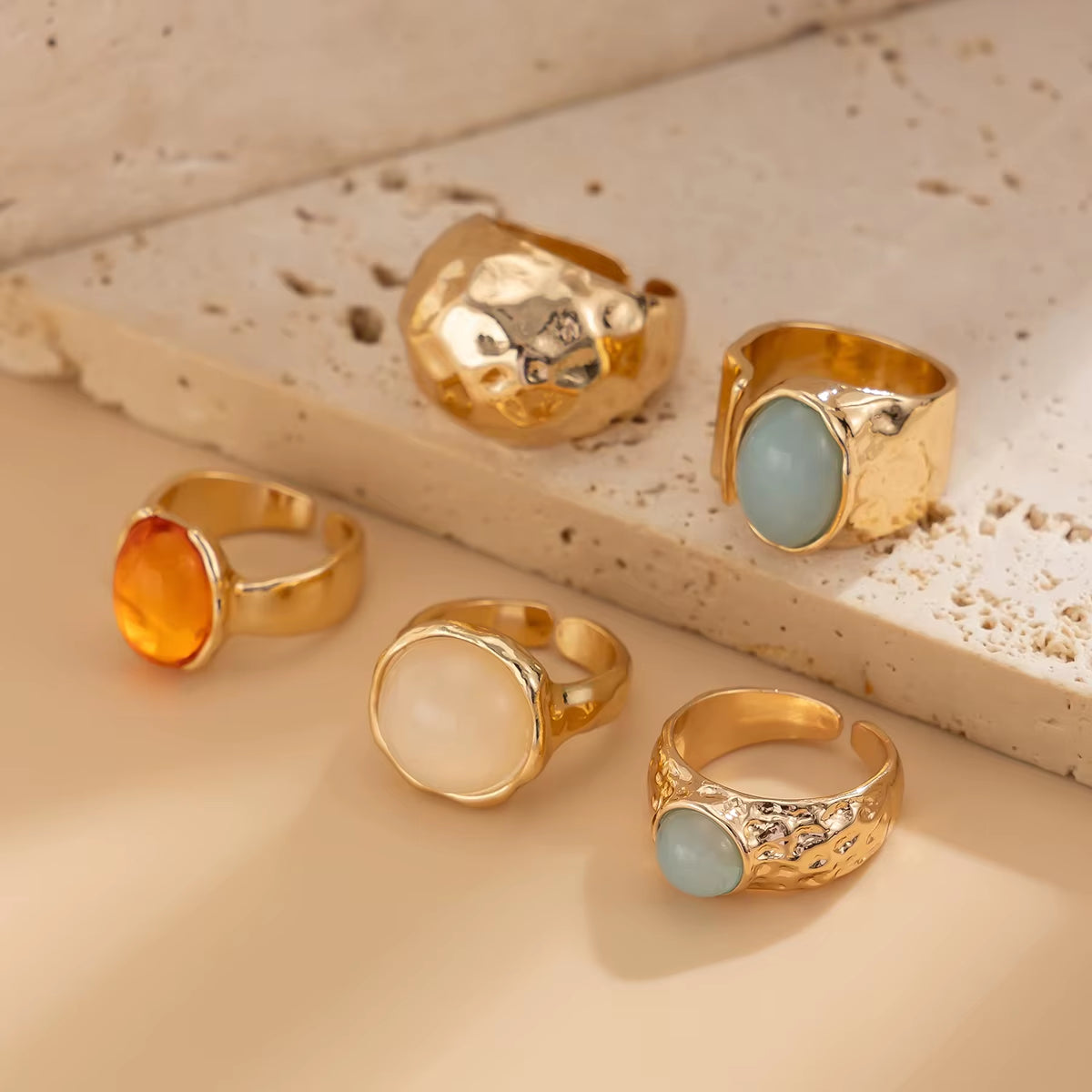 5Pcs/Set Retro Gold Color Irregular Metal Ring for Women Bohemian Open Adjustable Wide Ring Aesthetic Y2K Jewelry Gift