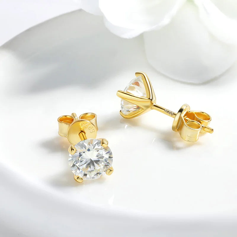 Original S925 Sterling Silver Moissanite Stud Earrings VVS round Cut 18K Gold Imitation Diamond Ear Studs for Women Gift
