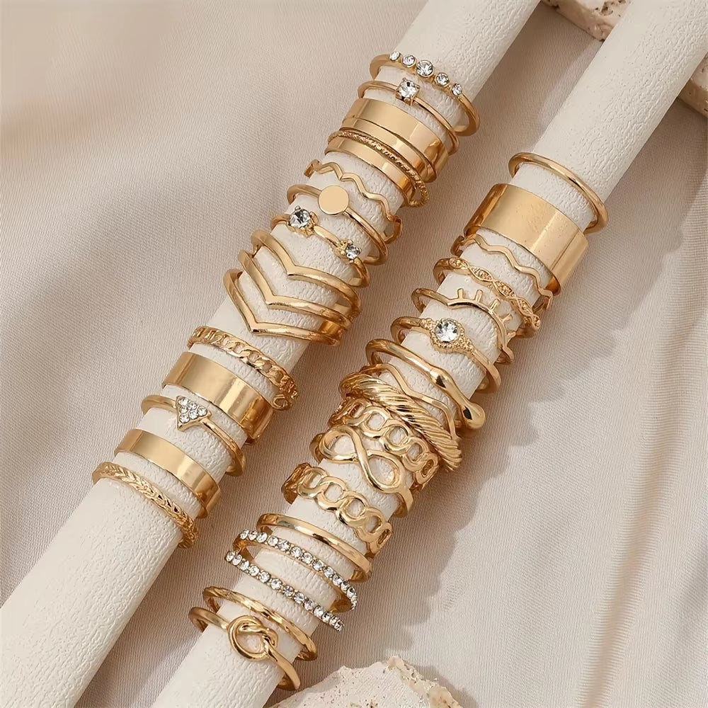 30Pcs Elegant Boho Gold Color Rings Set Vintage Design Rhinestone Geometric Finger Ring Trendy Minimalist Jewelry Gifts 2024