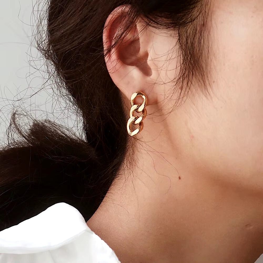 Emanco Punk Cuban Link Chain Stud Earrings for Fashion Women Genuine Gold Plated Ring Clasp Dangle Rock Jewelry Gift