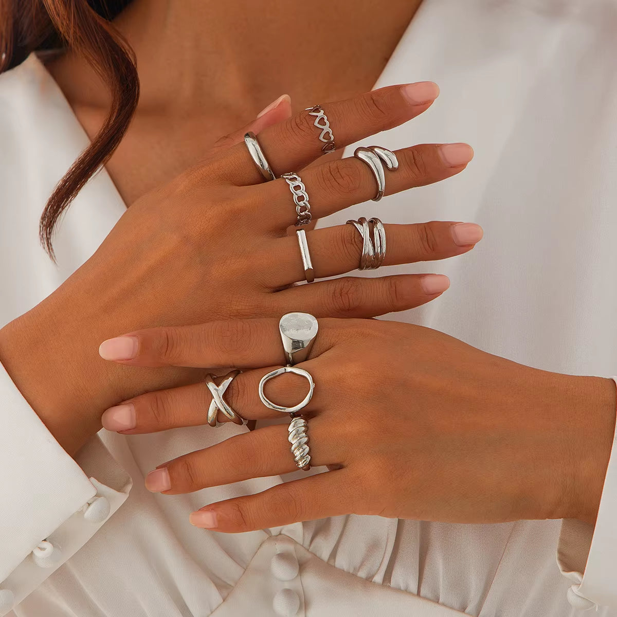 10Pcs/Set Vintage Smooth Water Drop Open Rings for Women Creative Metal Gold Color Finger Rings Daily Jewelry Gift New
