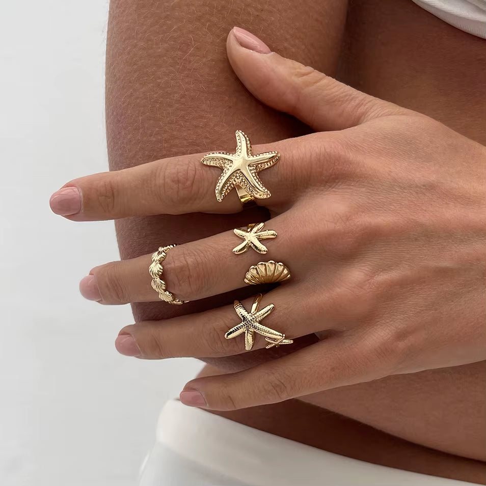 4Pcs/Set Boho Gold Color Metal Starfish Open Rings for Women Summer Vintage Adjustable Finger Rings Aesthetic Jewelry