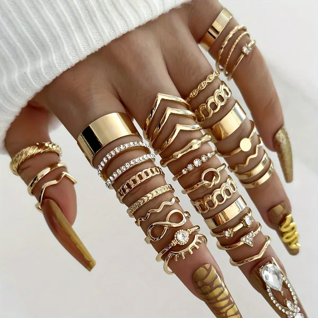 30Pcs Elegant Boho Gold Color Rings Set Vintage Design Rhinestone Geometric Finger Ring Trendy Minimalist Jewelry Gifts 2024