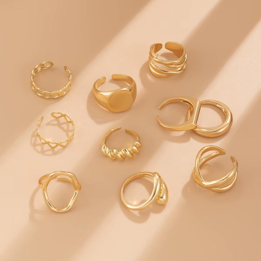 10Pcs/Set Vintage Smooth Water Drop Open Rings for Women Creative Metal Gold Color Finger Rings Daily Jewelry Gift New