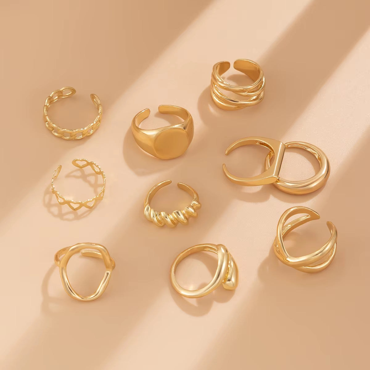 10Pcs/Set Vintage Smooth Water Drop Open Rings for Women Creative Metal Gold Color Finger Rings Daily Jewelry Gift New