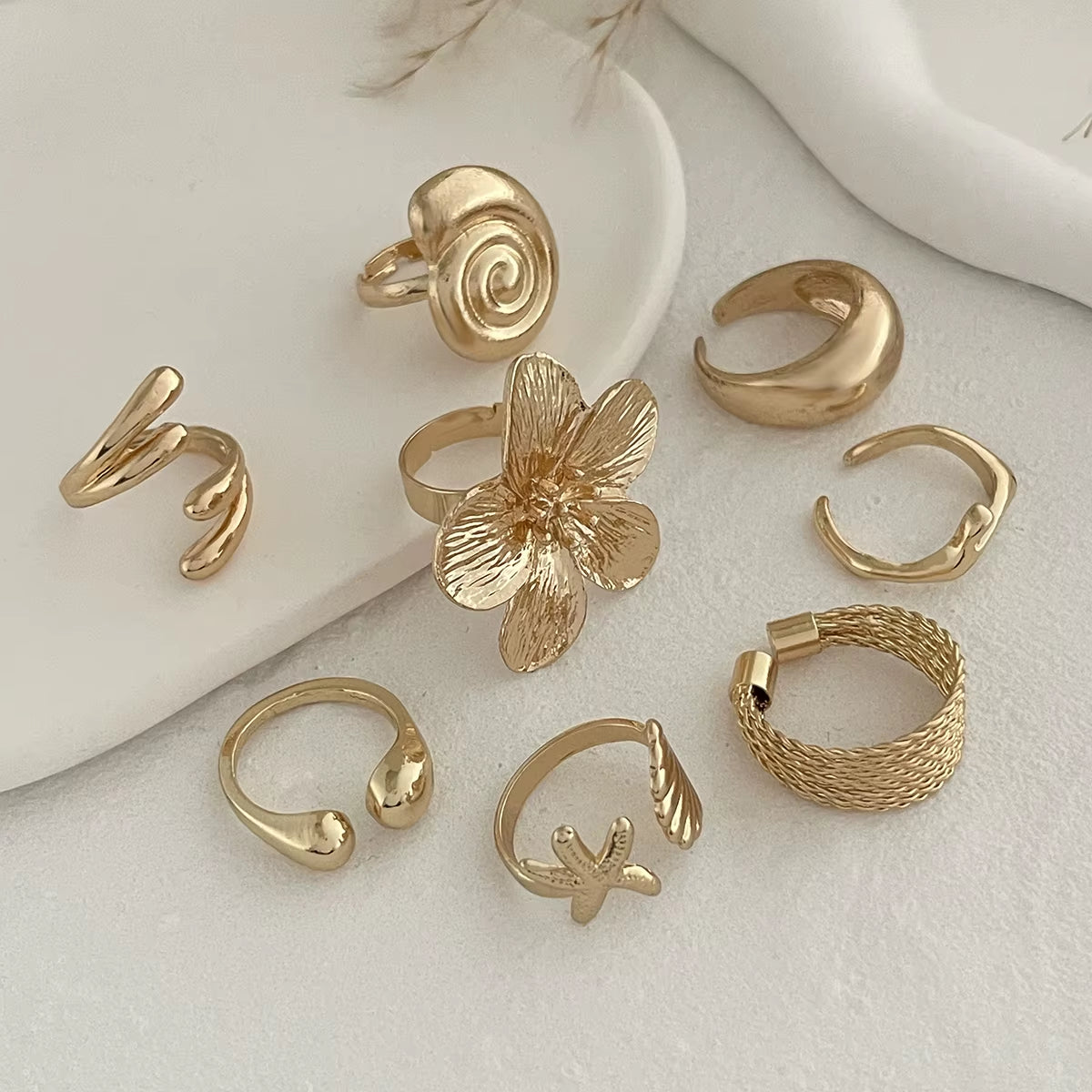 8Pcs/Set Vintage Metal Petal Flower Water Drop Open Rings for Women Trend 2025 Goth Geometric Ring Daily Jewelry Gift