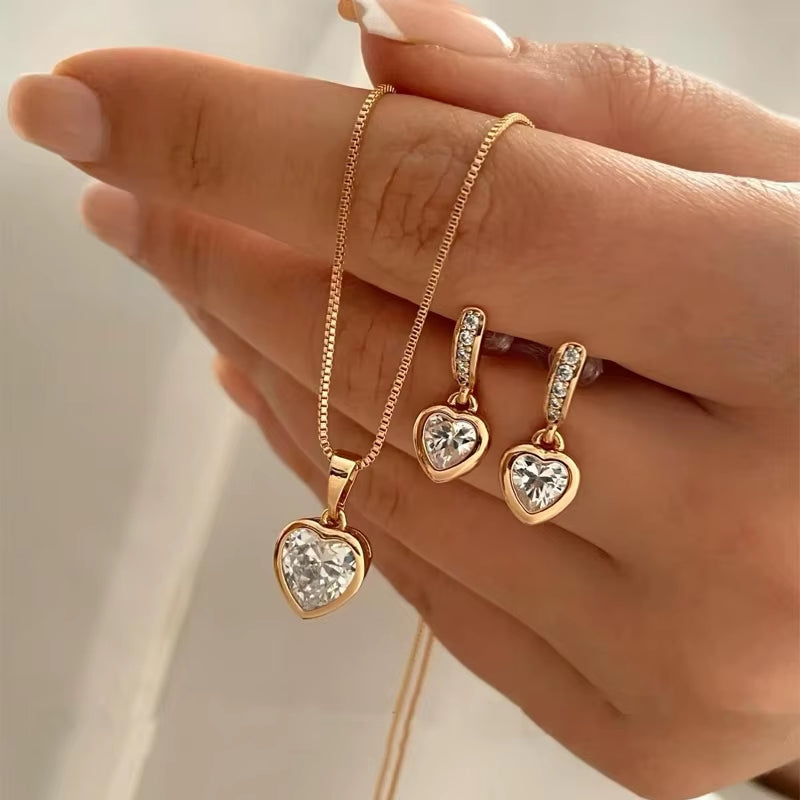 3 Pcs Heart Pendant Jewelry Set of Earring Pendant Necklace for Women Exquisite Fashion Rhinestone Double Heart Jewelry Set Gift