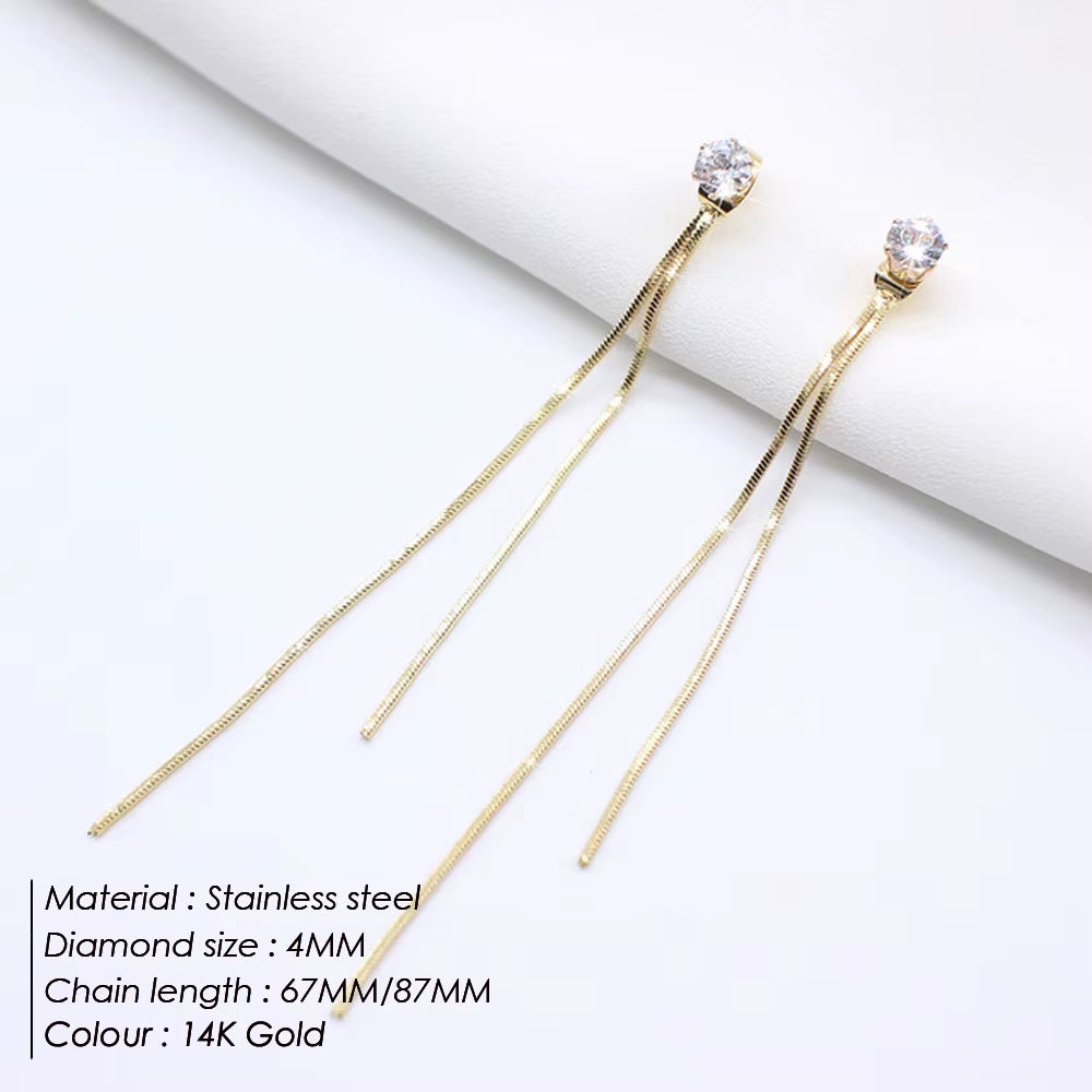 Emanco Rhinestone Long Drop Earrings Snake Chain Ear Studs Dangle Stainless Steel for Women Simple Tassel Jewelry