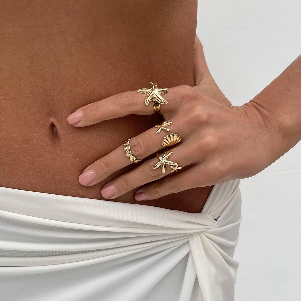 4Pcs/Set Boho Gold Color Metal Starfish Open Rings for Women Summer Vintage Adjustable Finger Rings Aesthetic Jewelry