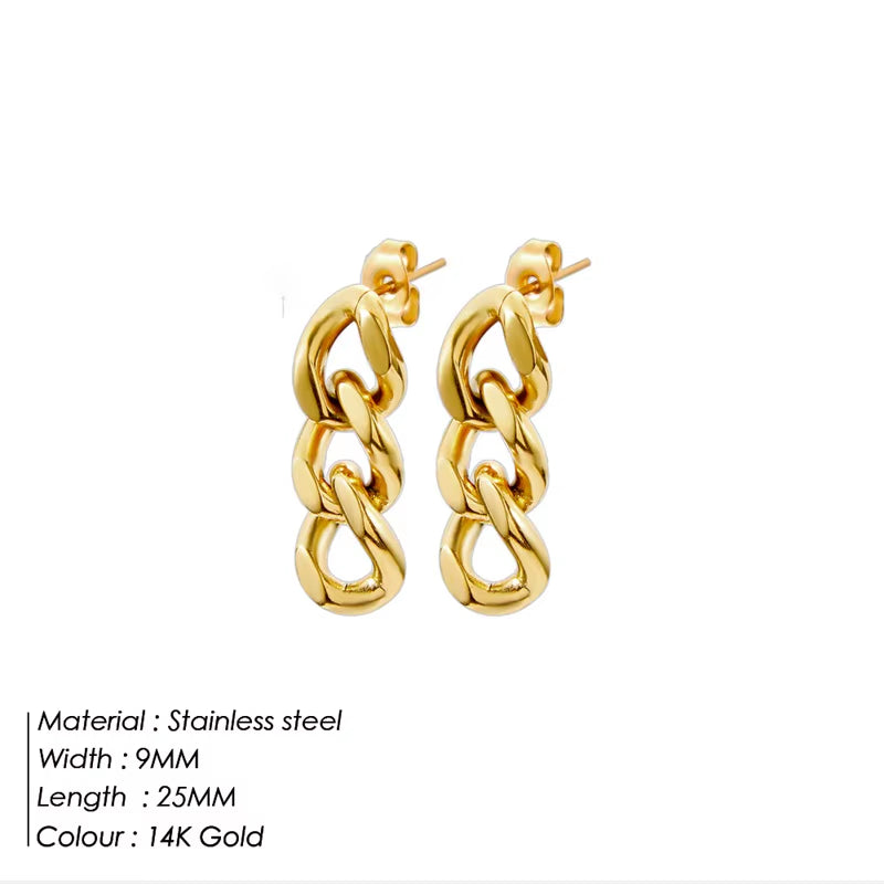 Emanco Punk Cuban Link Chain Stud Earrings for Fashion Women Genuine Gold Plated Ring Clasp Dangle Rock Jewelry Gift