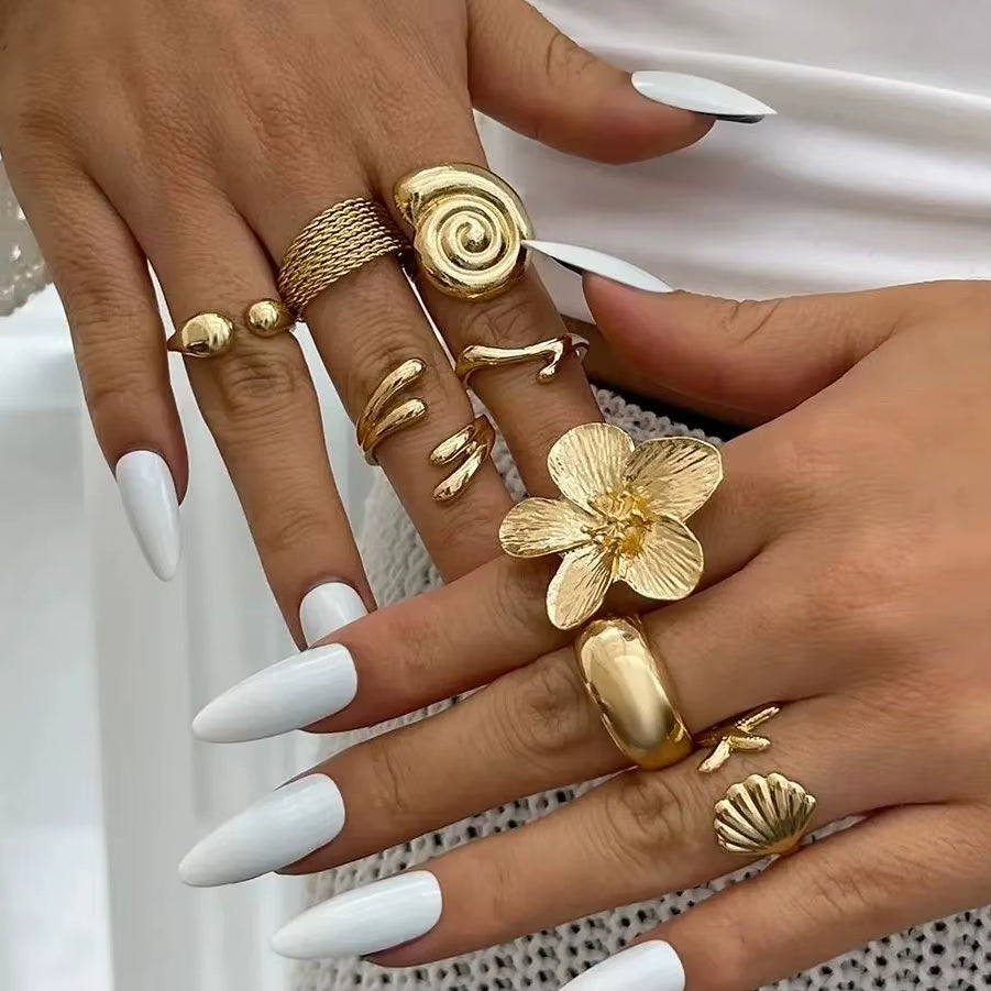 8Pcs/Set Vintage Metal Petal Flower Water Drop Open Rings for Women Trend 2025 Goth Geometric Ring Daily Jewelry Gift