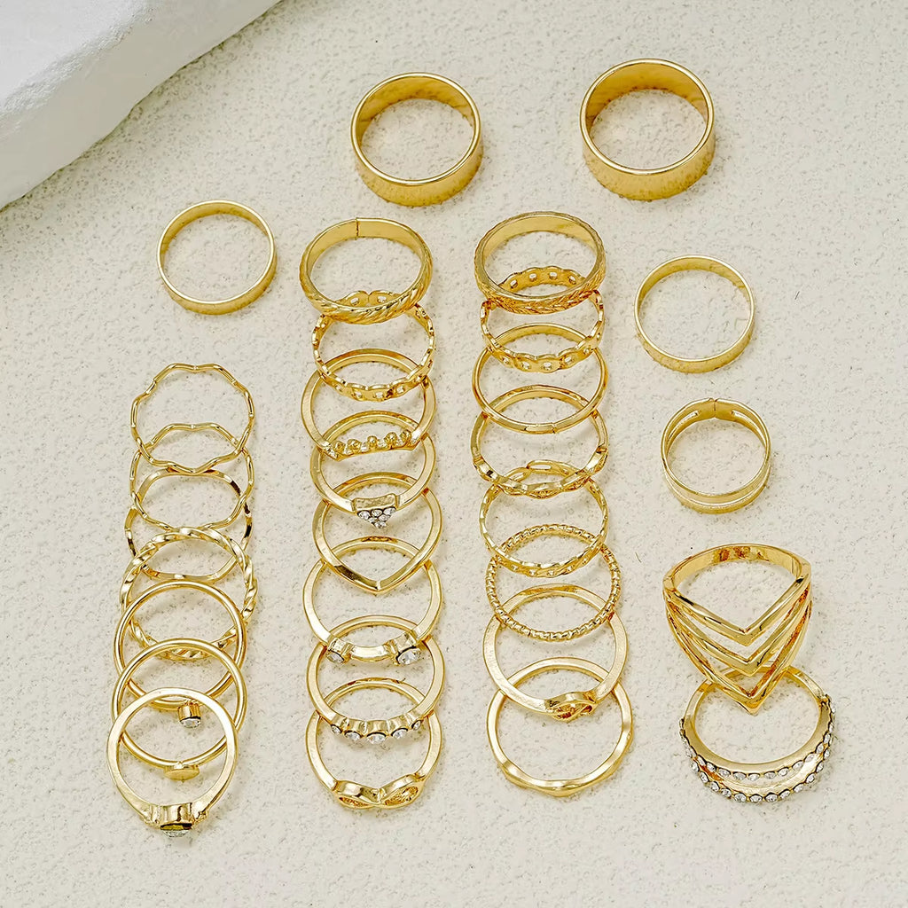 30Pcs Elegant Boho Gold Color Rings Set Vintage Design Rhinestone Geometric Finger Ring Trendy Minimalist Jewelry Gifts 2024
