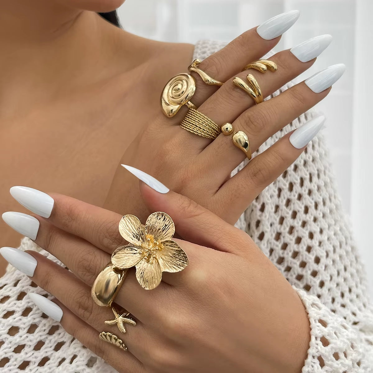8Pcs/Set Vintage Metal Petal Flower Water Drop Open Rings for Women Trend 2025 Goth Geometric Ring Daily Jewelry Gift