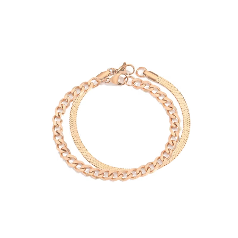 Chic Double Layered Snake Chain Cuban Chain Simple Bracelet 316L Stainless Steel Gold Plated Women Fashion Body Jewelry