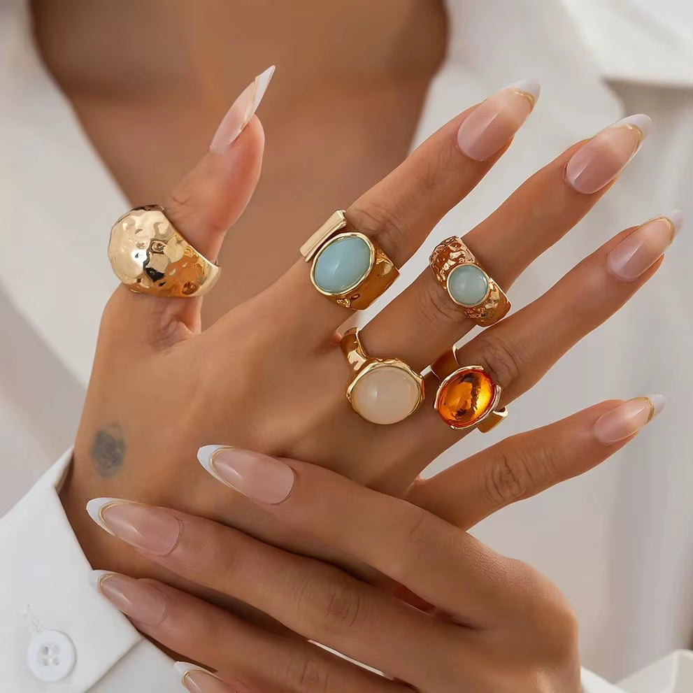 5Pcs/Set Retro Gold Color Irregular Metal Ring for Women Bohemian Open Adjustable Wide Ring Aesthetic Y2K Jewelry Gift