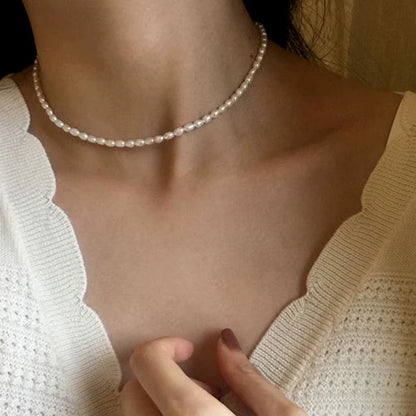 Emanco 3MM Imitation Pearl Necklace Oval White Stainless Steel Necklace Women'S Collarbone Chain