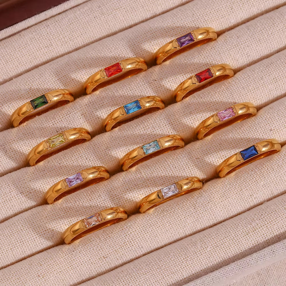 18K Gold Plated Shiny 12 Colors Birthstone Ring Stainless Steel Gold Plated Zircon Rings Zodiac Constellationfor Women