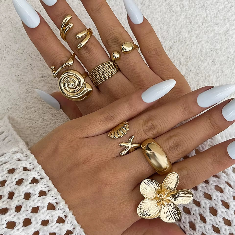 8Pcs/Set Vintage Metal Petal Flower Water Drop Open Rings for Women Trend 2025 Goth Geometric Ring Daily Jewelry Gift