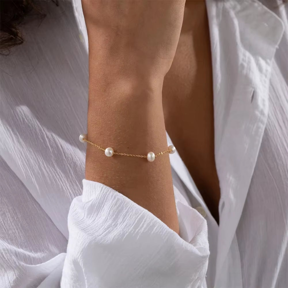 Emanco New Trend Dainty Vintage Stainless Steel Single Layer Chain Pearl Bracelet Summer Jewelry Waterproof Accessories